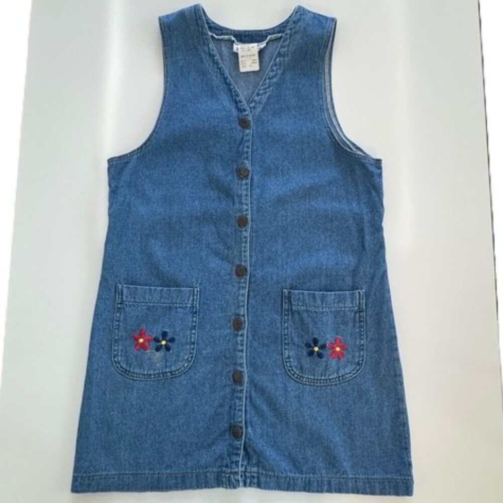 90s Y2K VTG California Concepts Denim Button Front Jumper Floral Embroider
